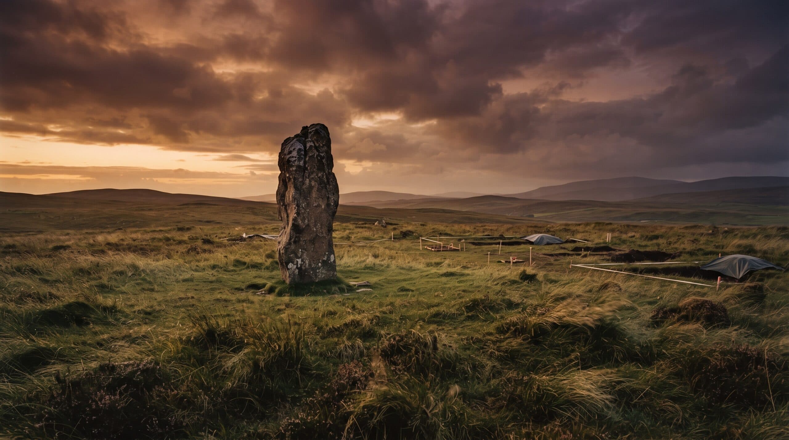 Ancient standing stone in a grassy archaeological landscape