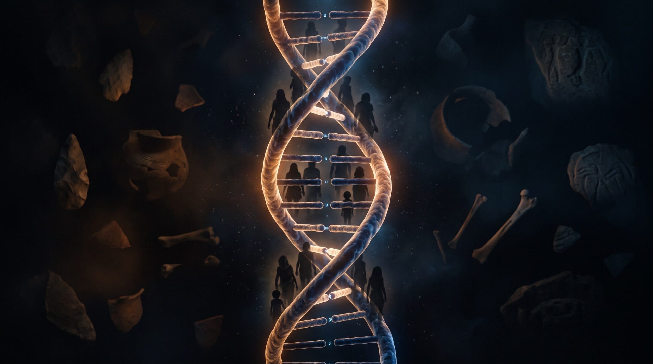 Conceptual image of DNA helix with ghostly human silhouettes representing unknown ancestors