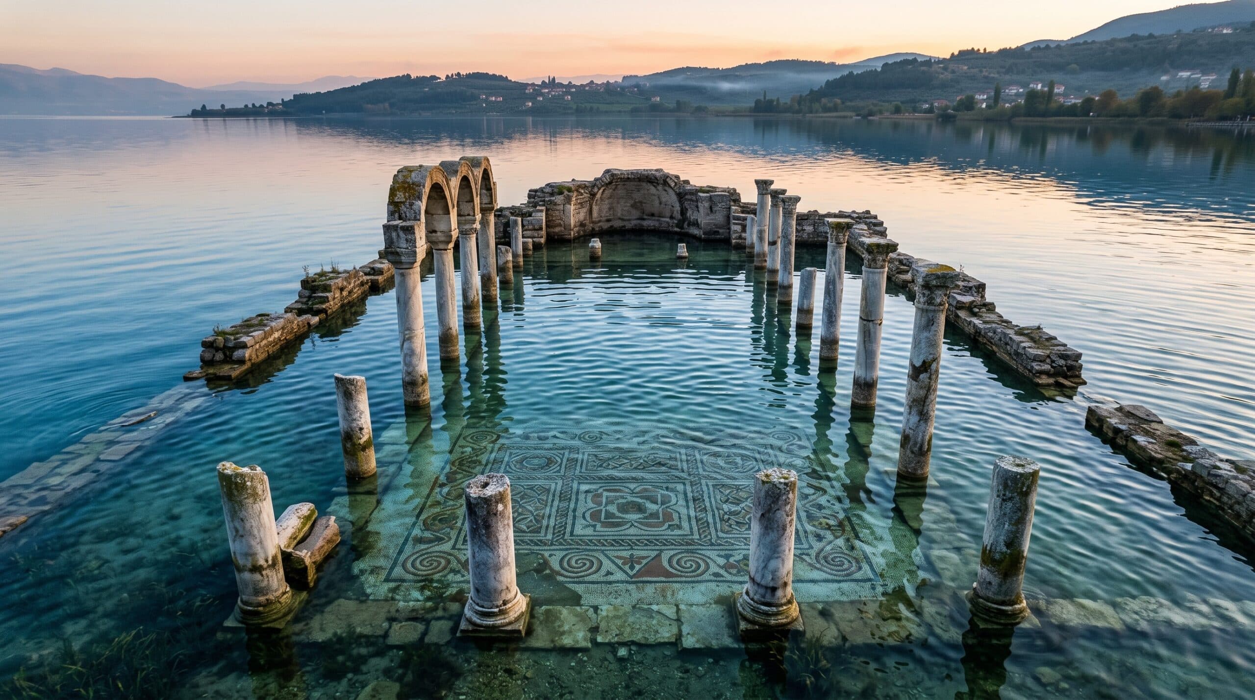 Conceptual view of a submerged ancient basilica beneath Lake Iznik