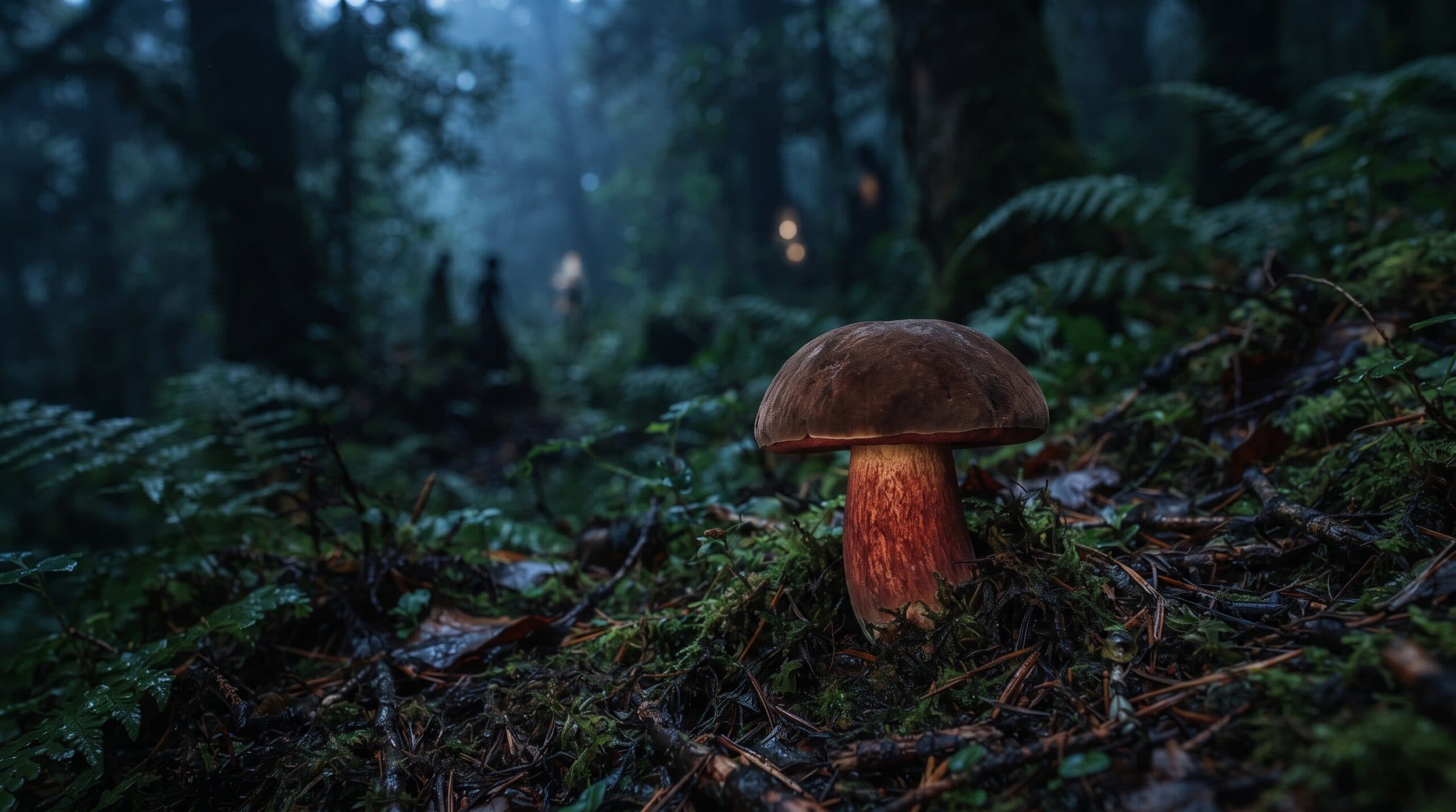 Conceptual red-stemmed bolete mushroom on a misty forest floor