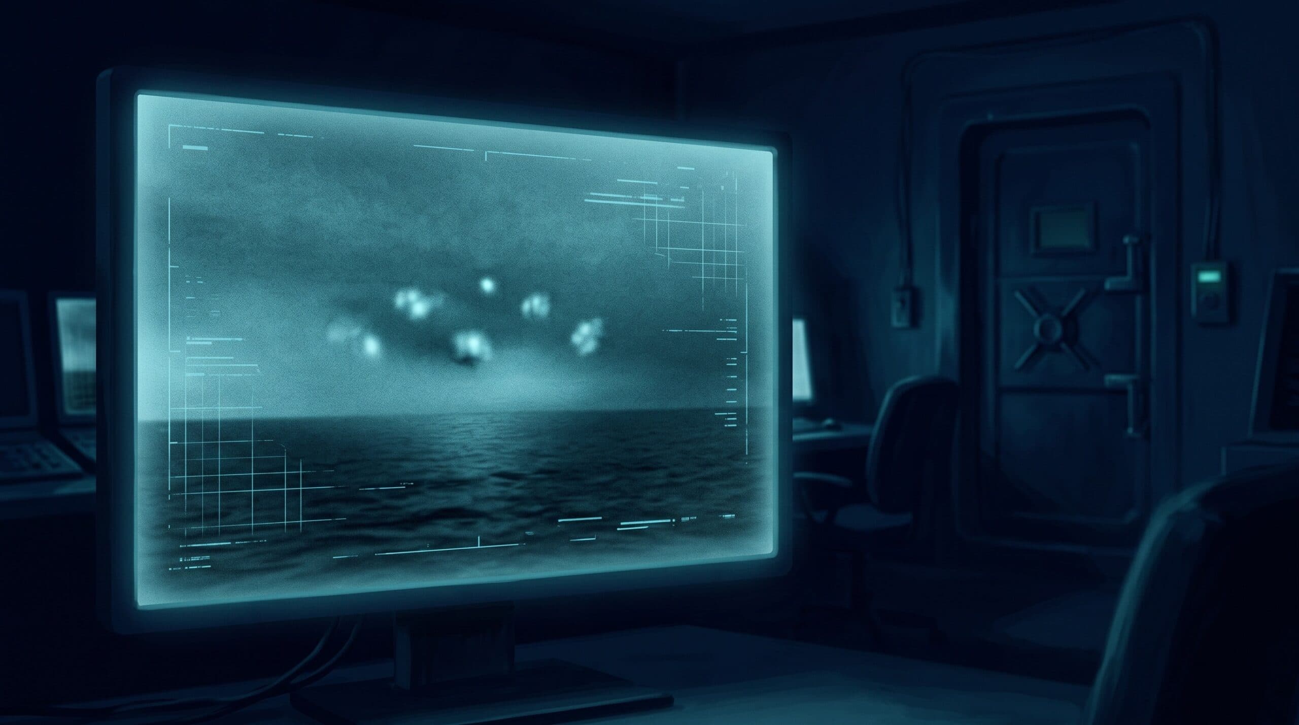 Conceptual military sensor display showing unidentified cold orbs above an ocean with incomplete telemetry